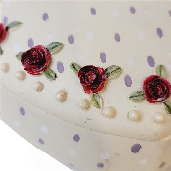 Vintage Large Heart Shaped Lidded Trinket Box With 3D Flowers Hand Painted - Picture 8 of 14